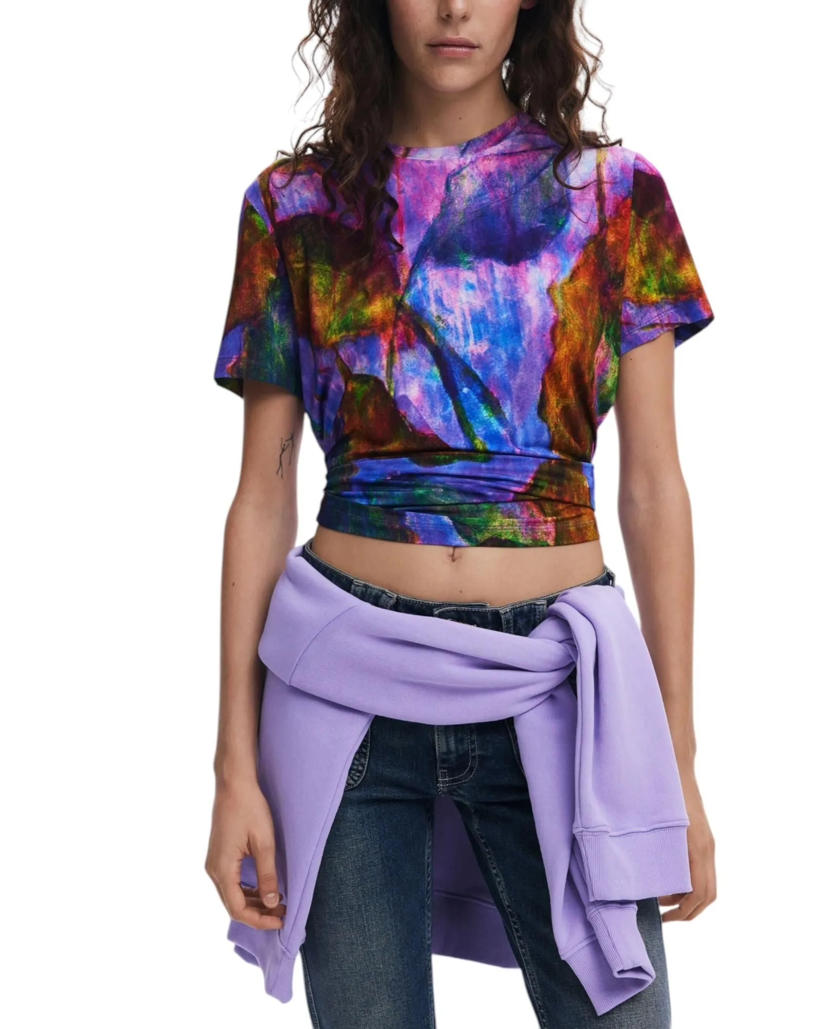 Abstract Print Knotted TShirt- Purple Shirts