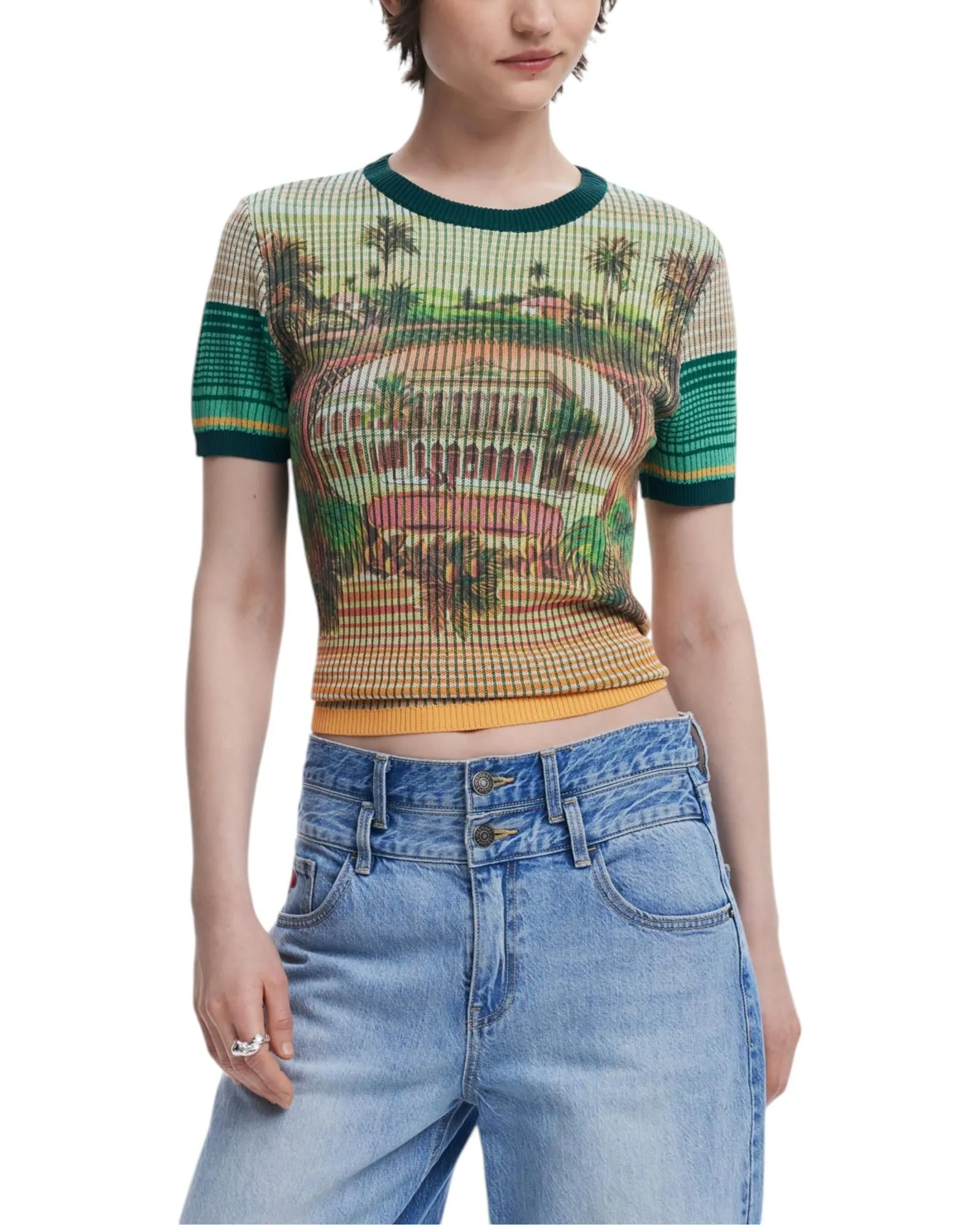 Palm Tree Print Knit Top Short Sleeve Ribbed Knit Wo - Green Shirts