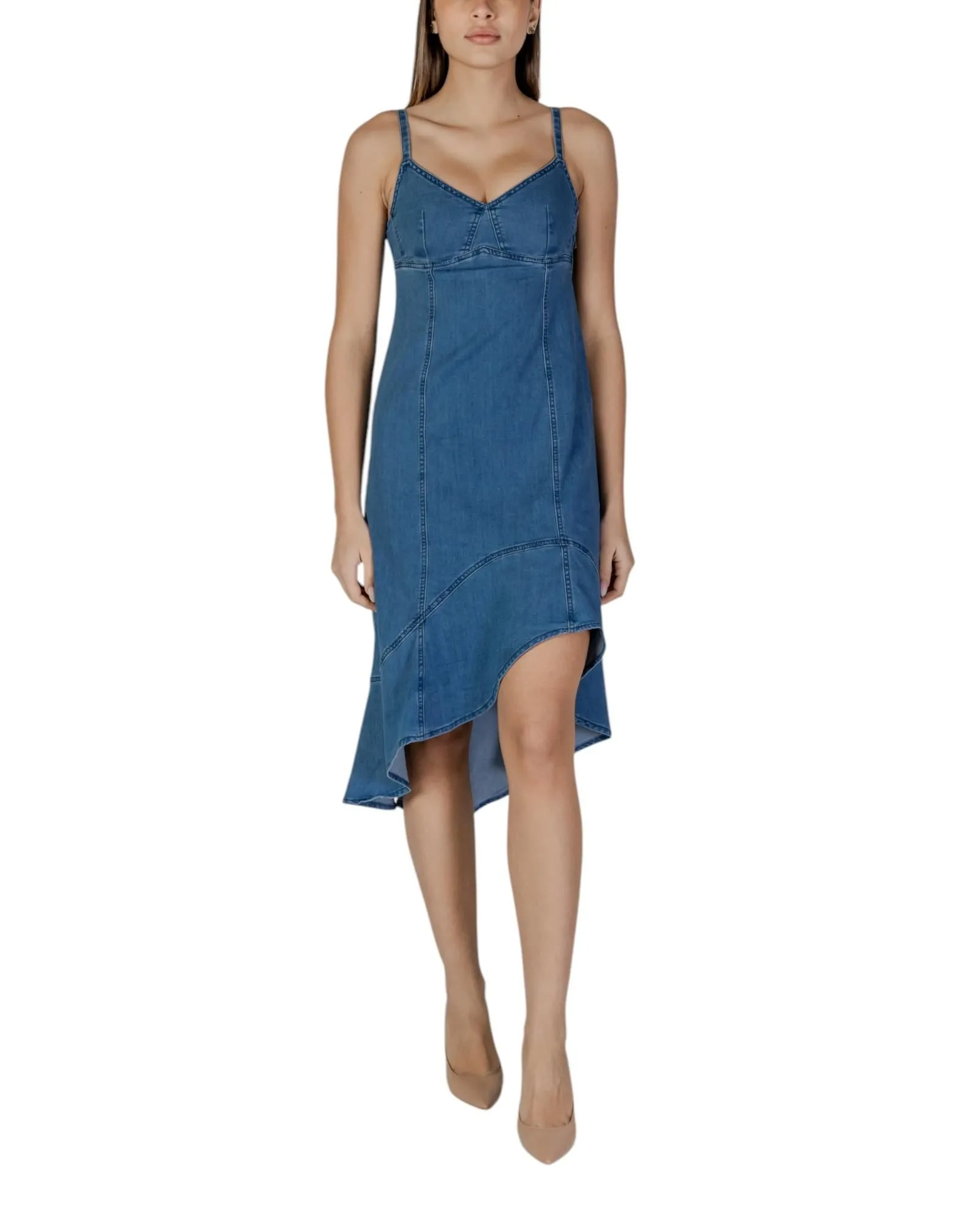 Denim Dress Asymmetrical Hem Sleeveless Wo - Blue Dresses