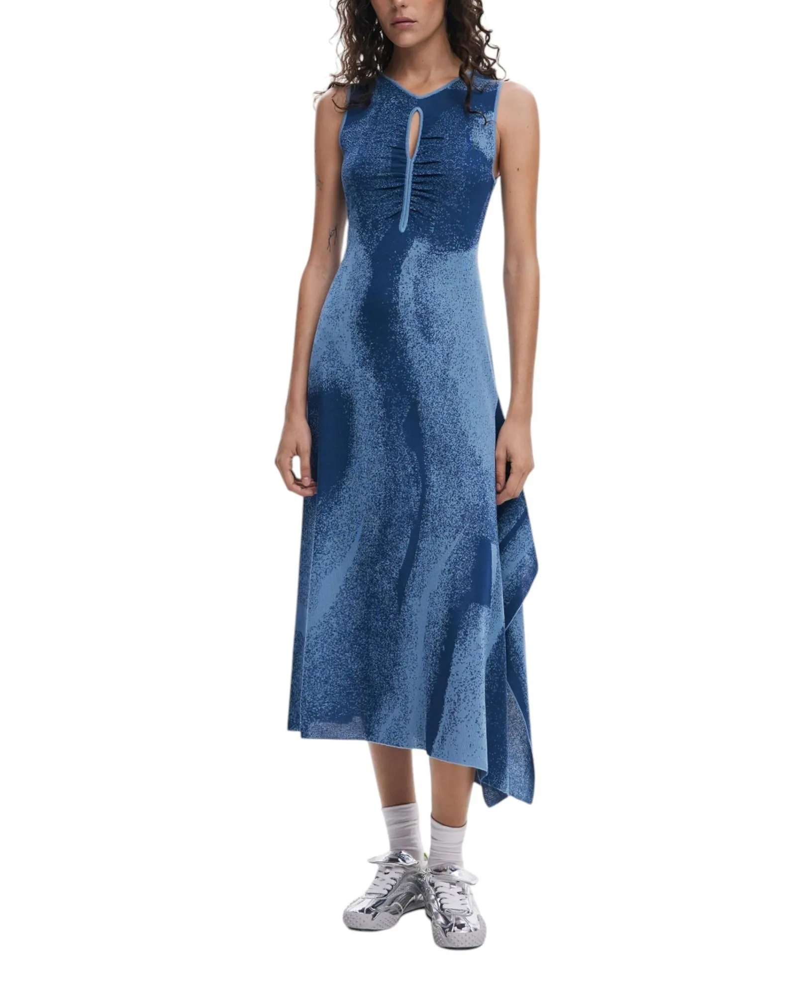 Printed Midi Dress Asymmetrical Hem- Blue Dresses