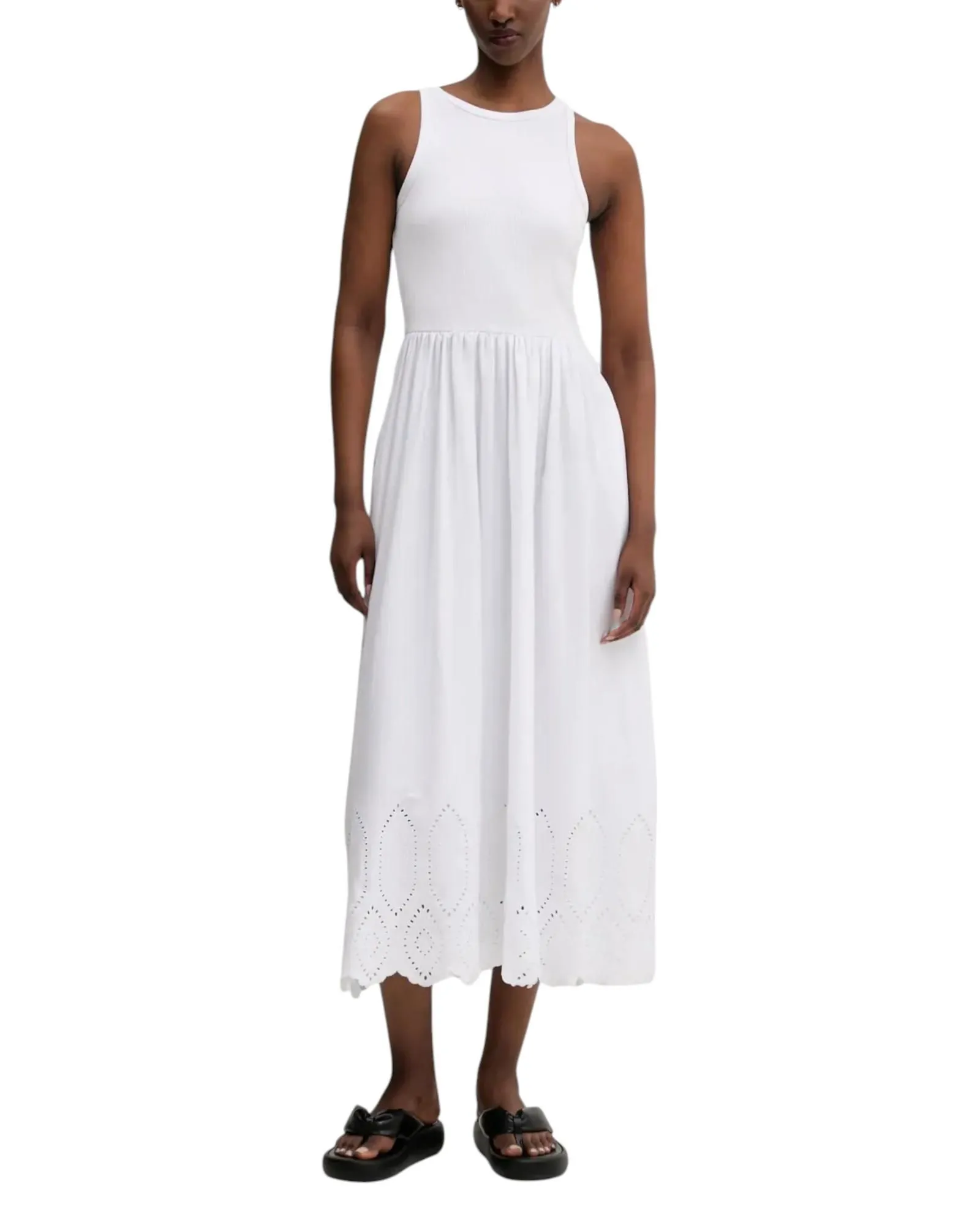 Eyelet Detail Midi Dress- White Dresses