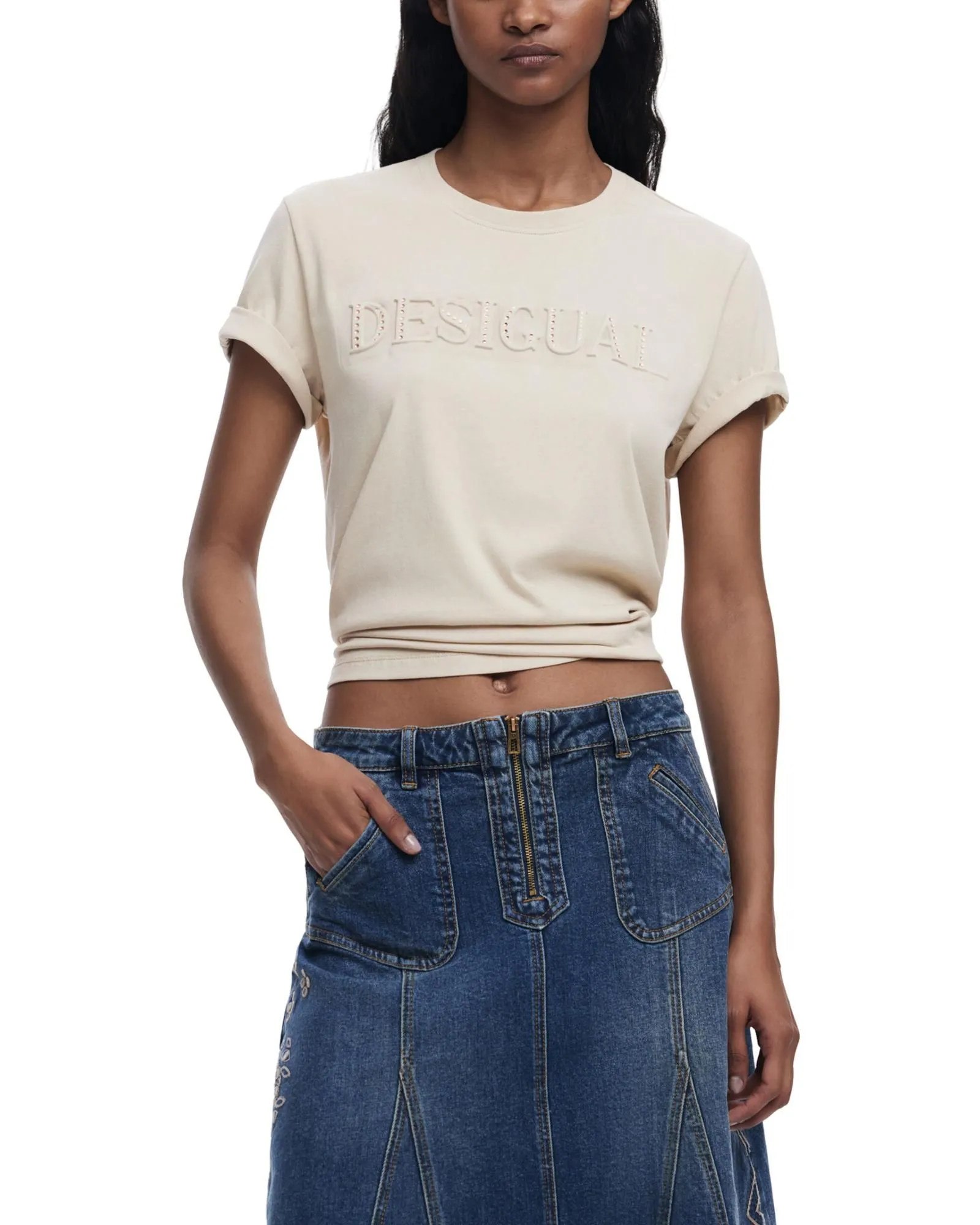 Embellished Logo Short Sleeve Tee- Beige Shirts