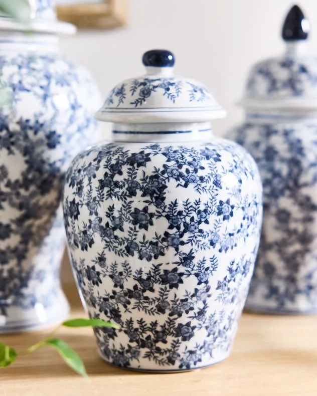 Vintage Blue & Ivory Floral Bell Lid Jar Vase