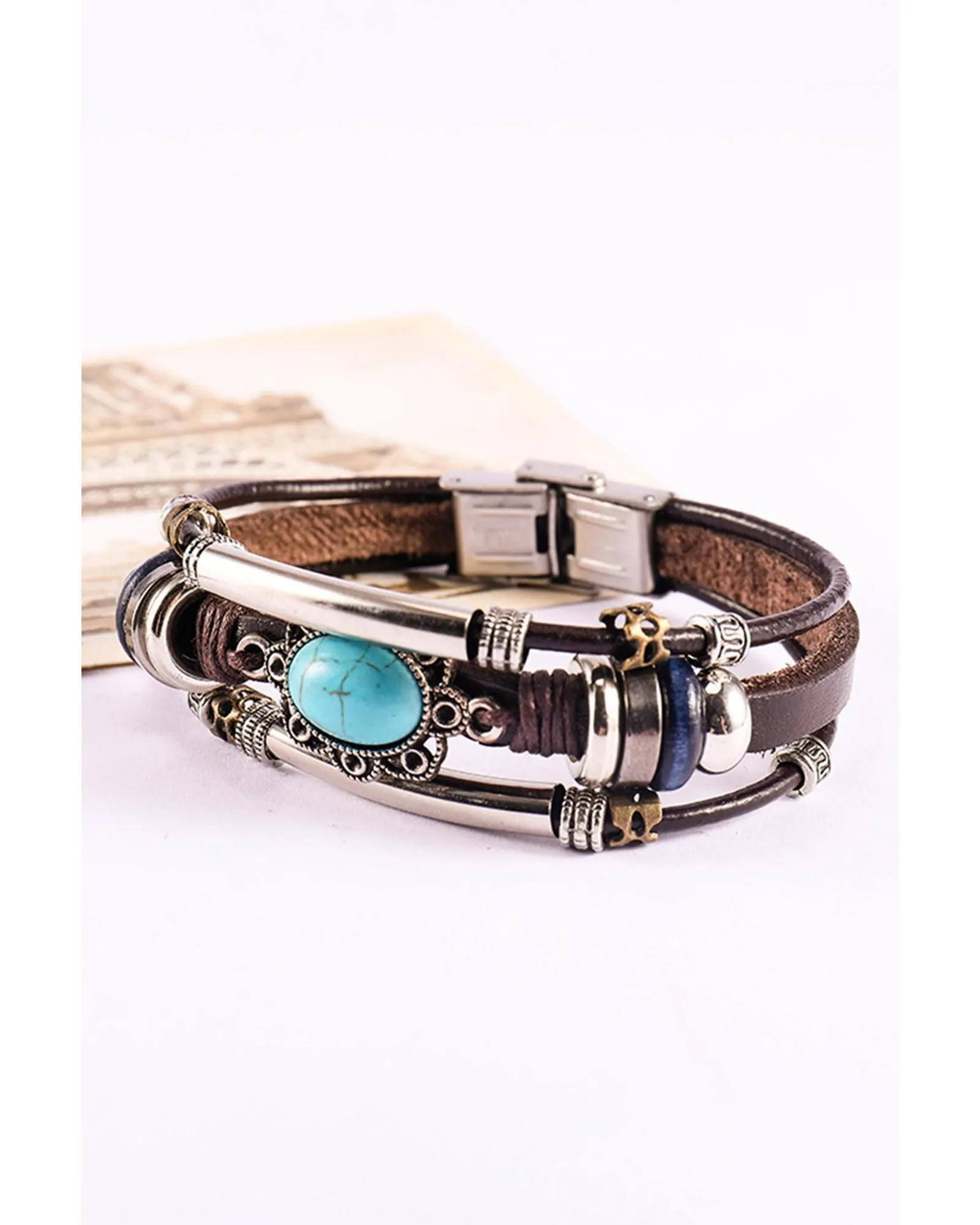 Brown Turquoise Faux Leather Multi-layered Bracelet Jewelry