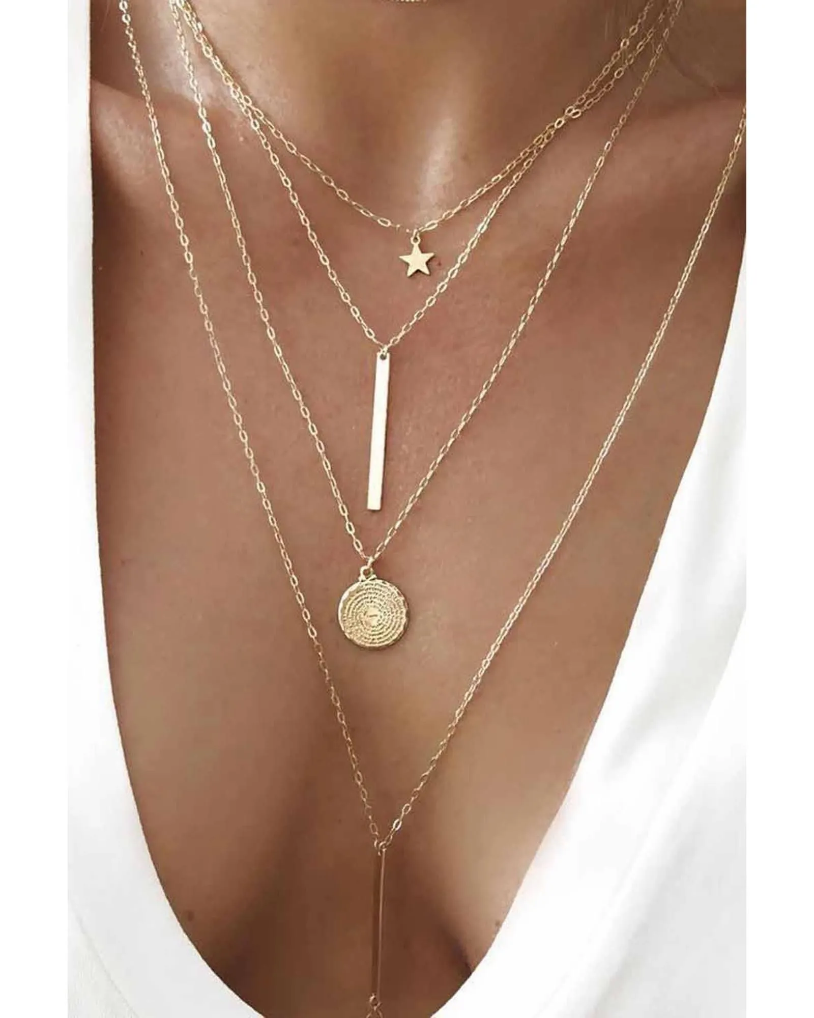 Gold Boho Multi-layered Star Pendant Necklace Jewelry