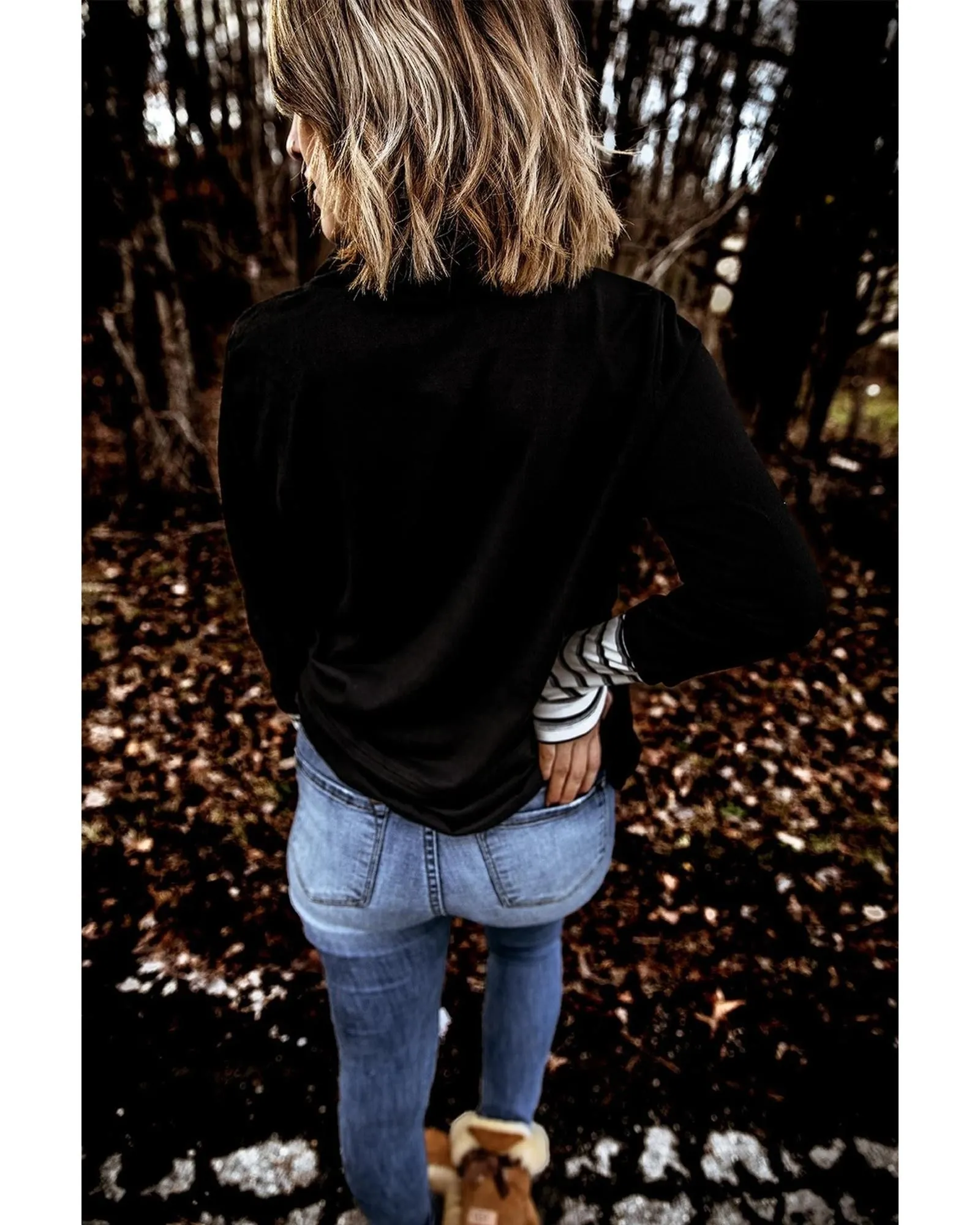 Striped Splicing High Neck Sweatshirt - Black Sweatshirts