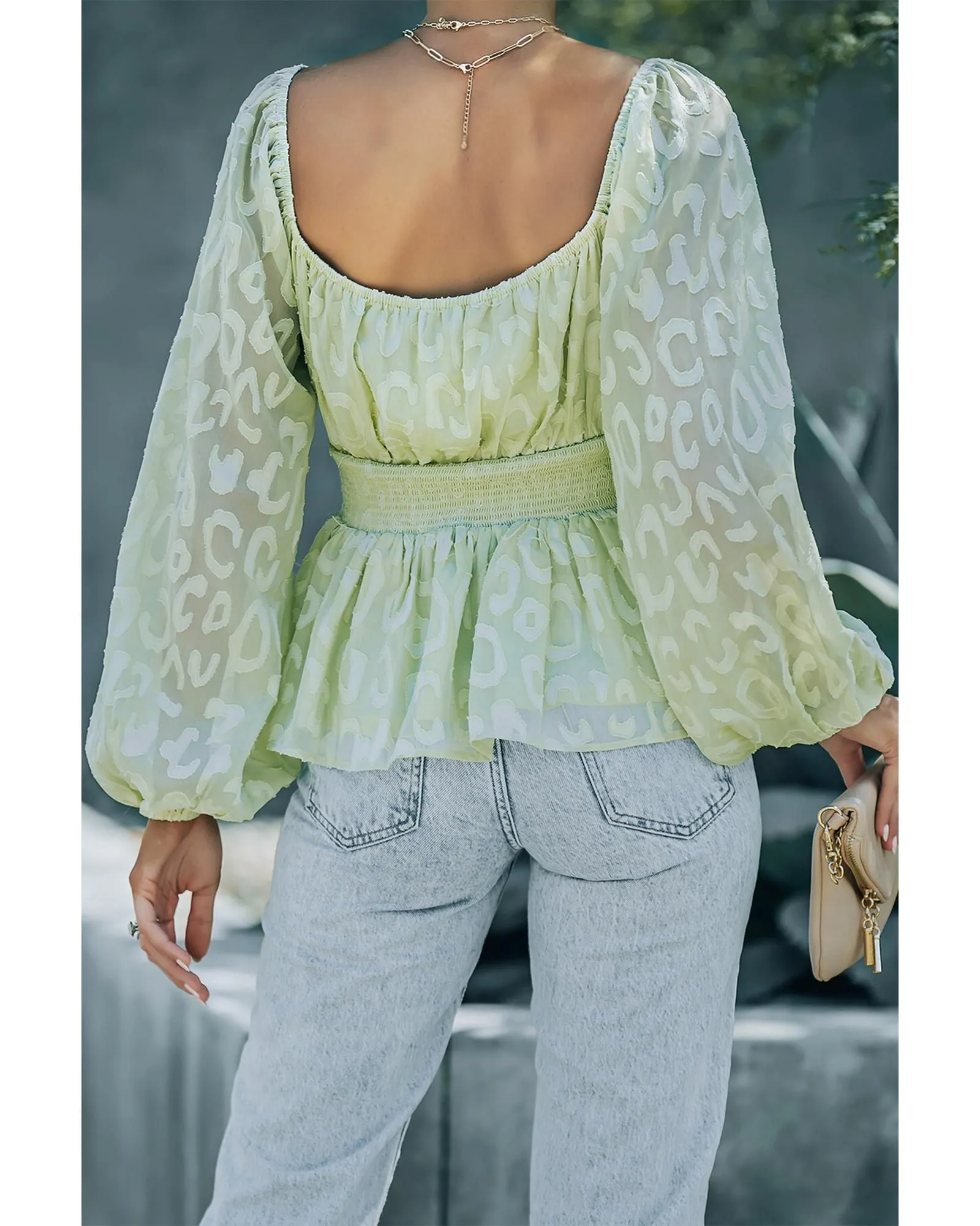 Leopard Textured Square Neck Puffy Sleeve Top