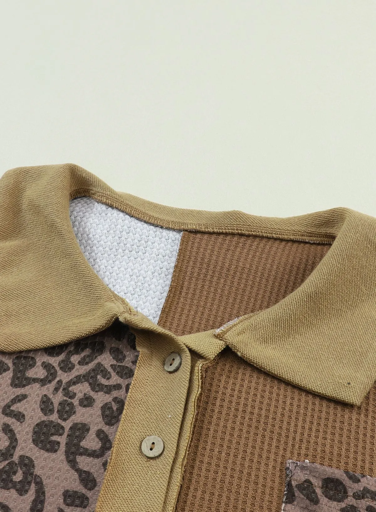 Khaki Leopard Patchwork Waffle Knit Buttoned Blouse