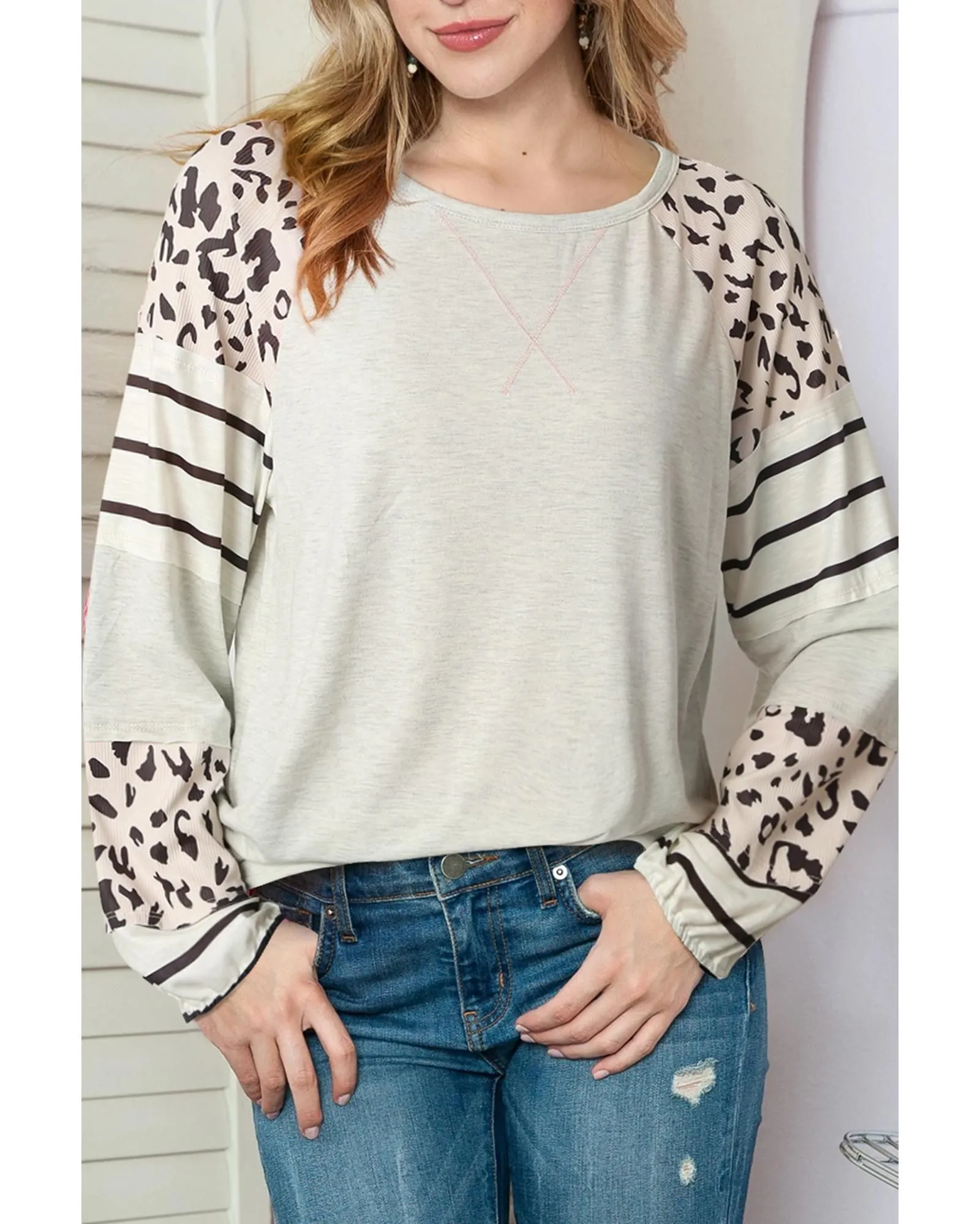 Gray Leopard Striped Raglan Sleeve Pullover