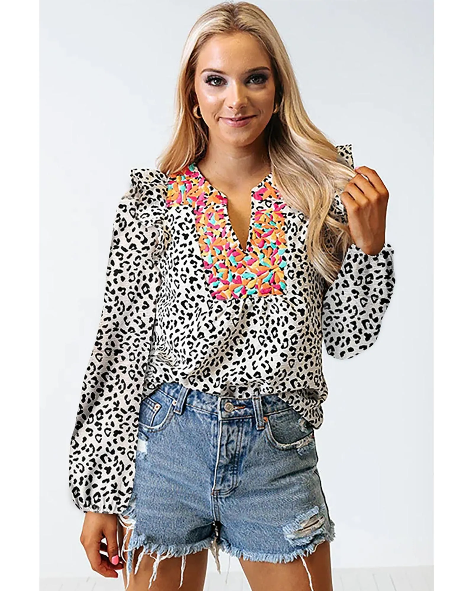 Black Leopard Floral Patchwork V Neck Ruffled Blouse