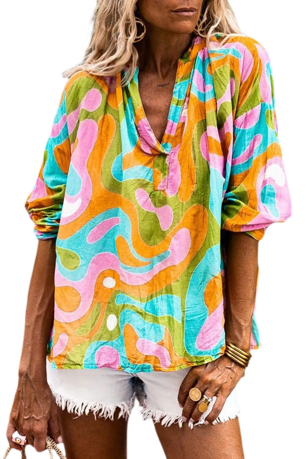 Multicolour Abstract Print V Neck Blouse