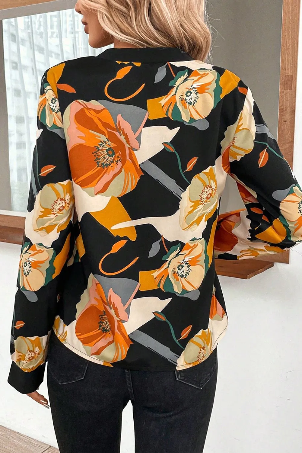 Multicolour Floral Print Split V Neck Blouse