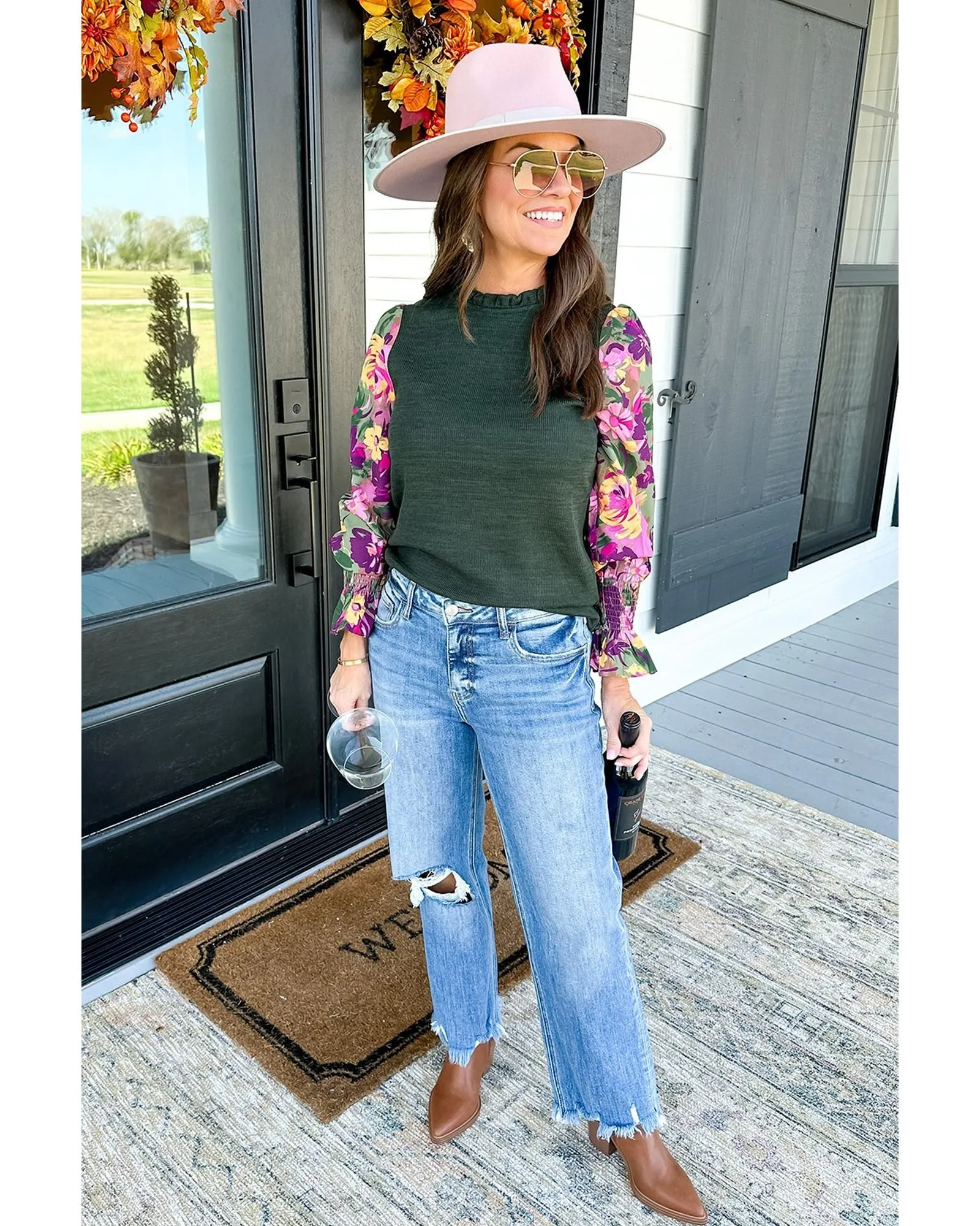Mist Green Ribbed Frill Neck Floral Print Long Sleeve Top