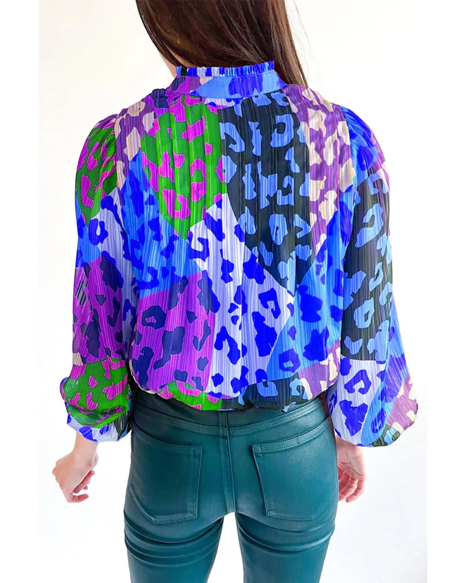 Sky Blue Leopard Patchwork Print Pleated Blouse