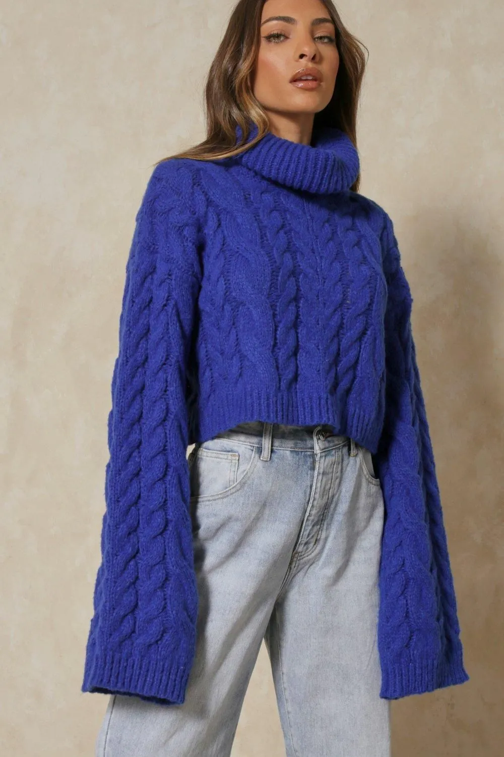 Cropped Cable Knit Roll Neck Jumper