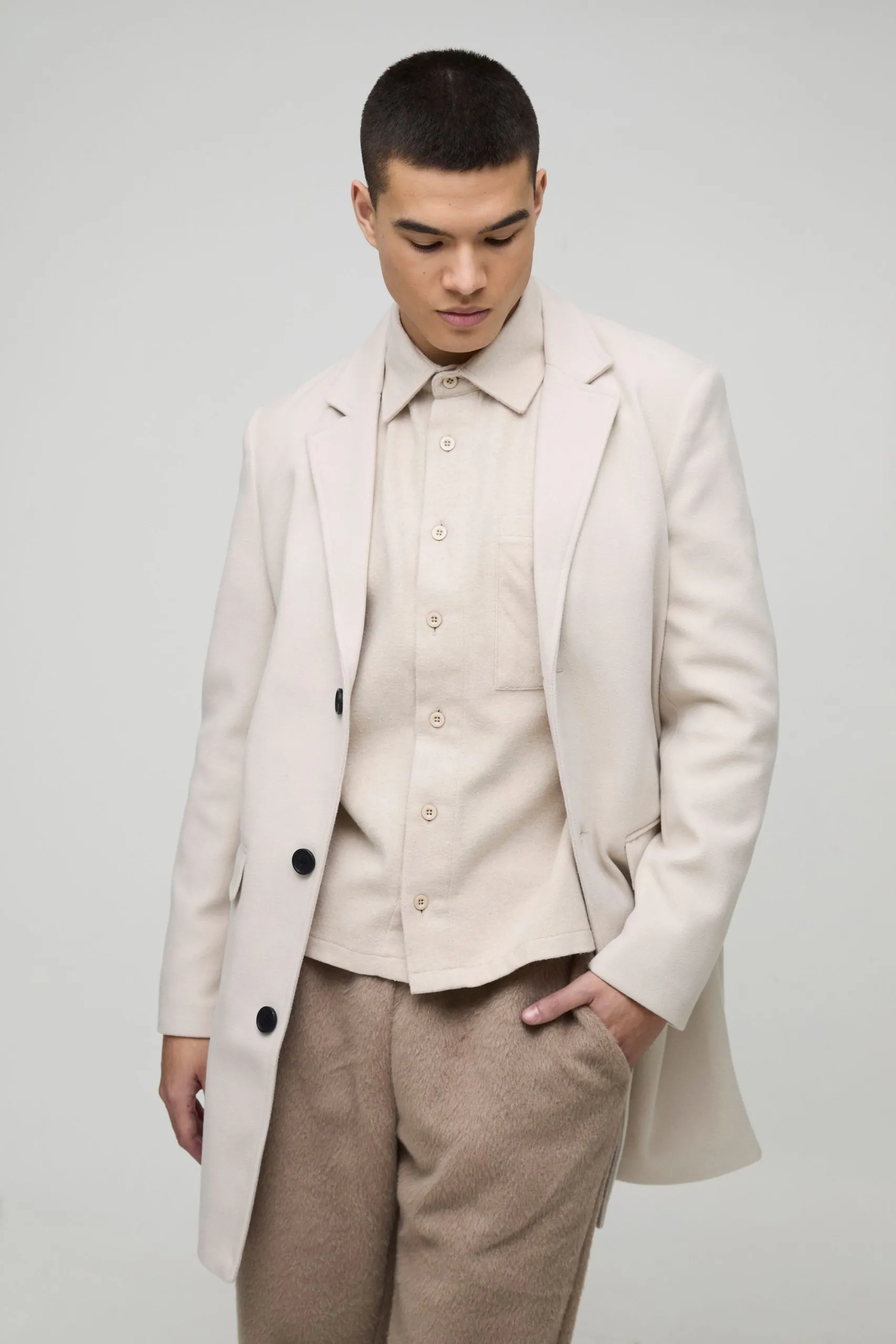 Single Breasted Wool Look Overcoat in Beige