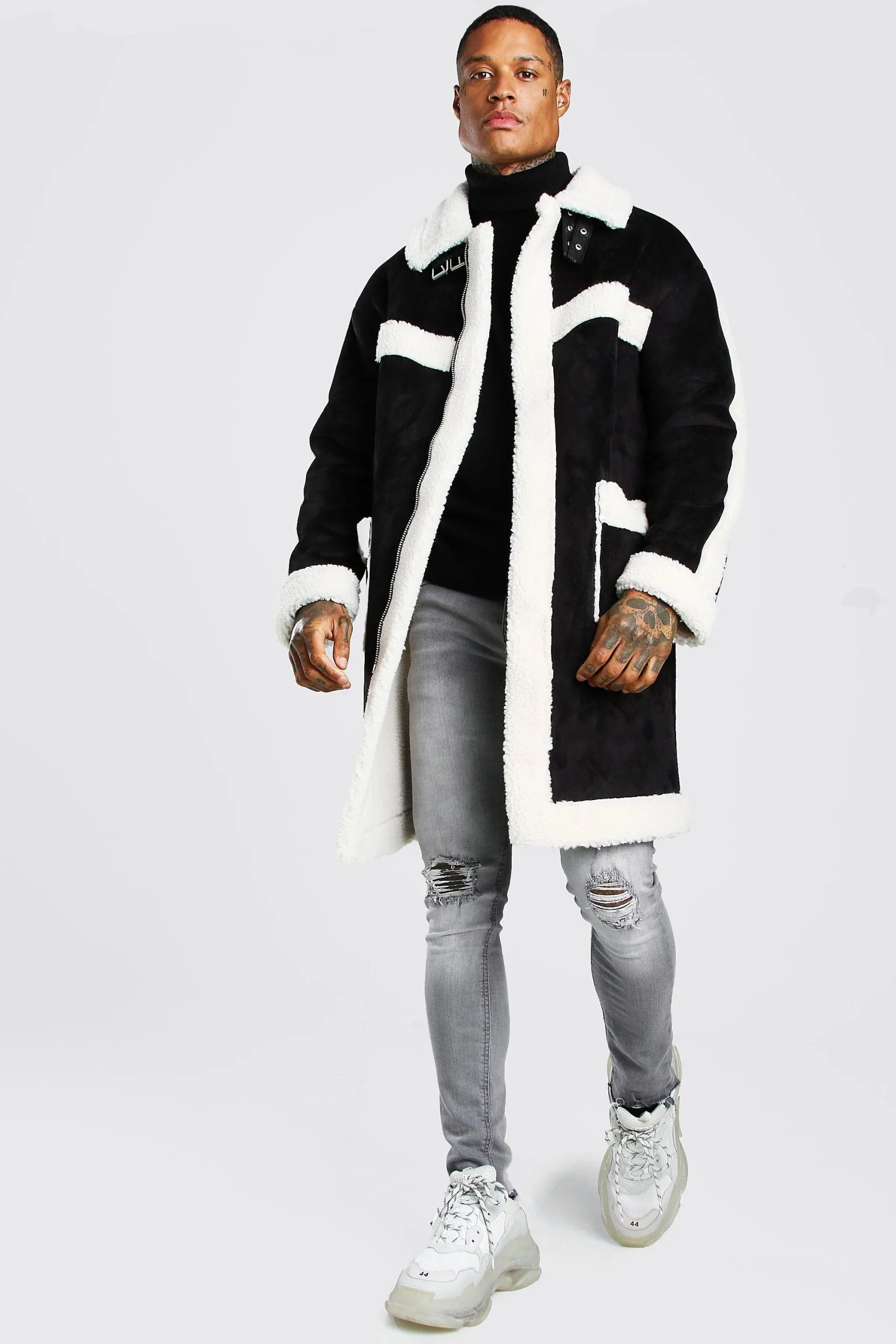 Borg Trimmed Suedette Longline Aviator