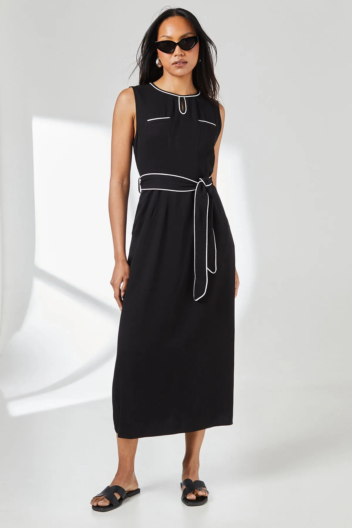 Black Contrast Detail Belted Utility Midi Dress