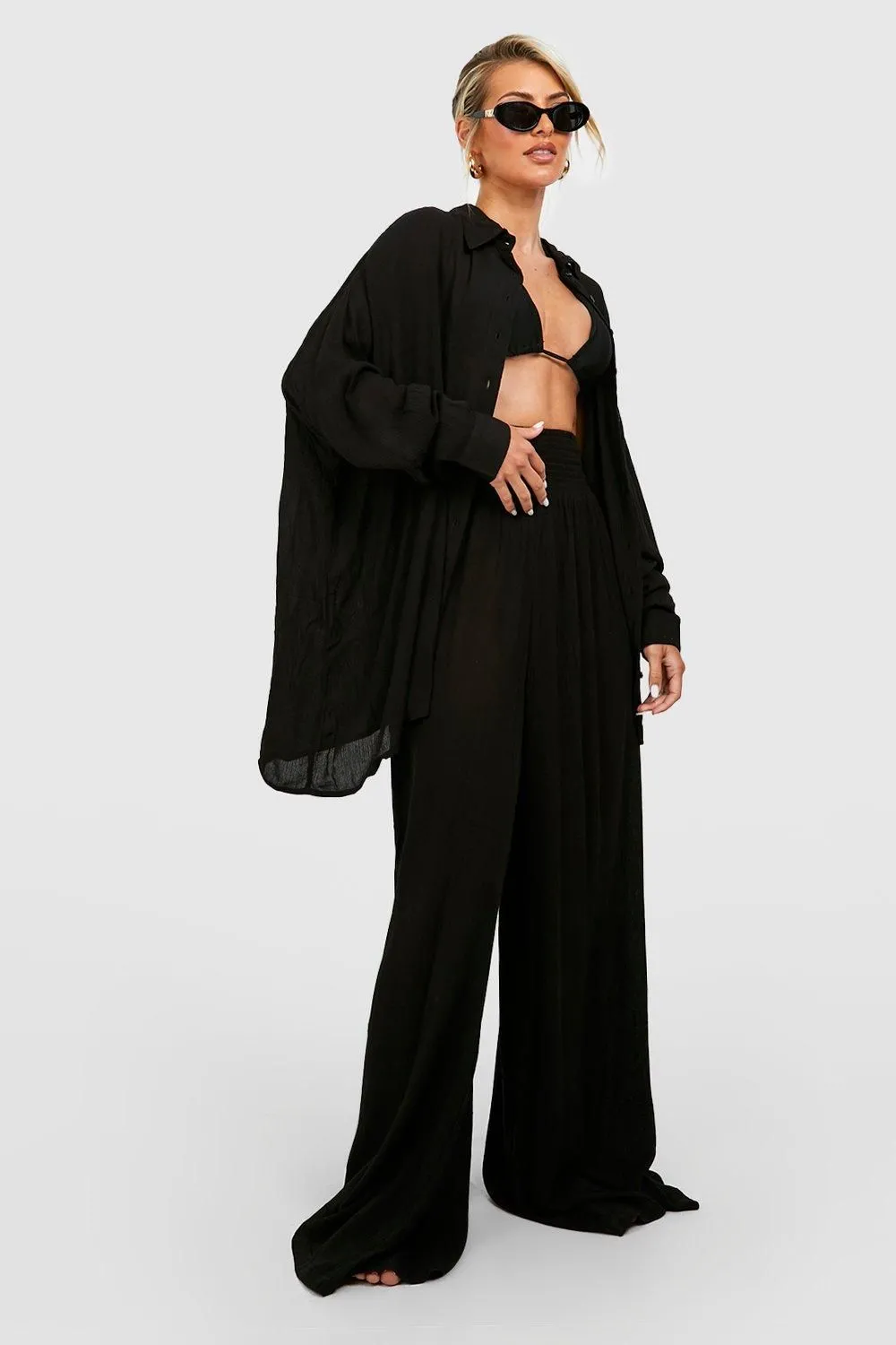 Shirred Waist Woven Wide Leg Beach Trousers
