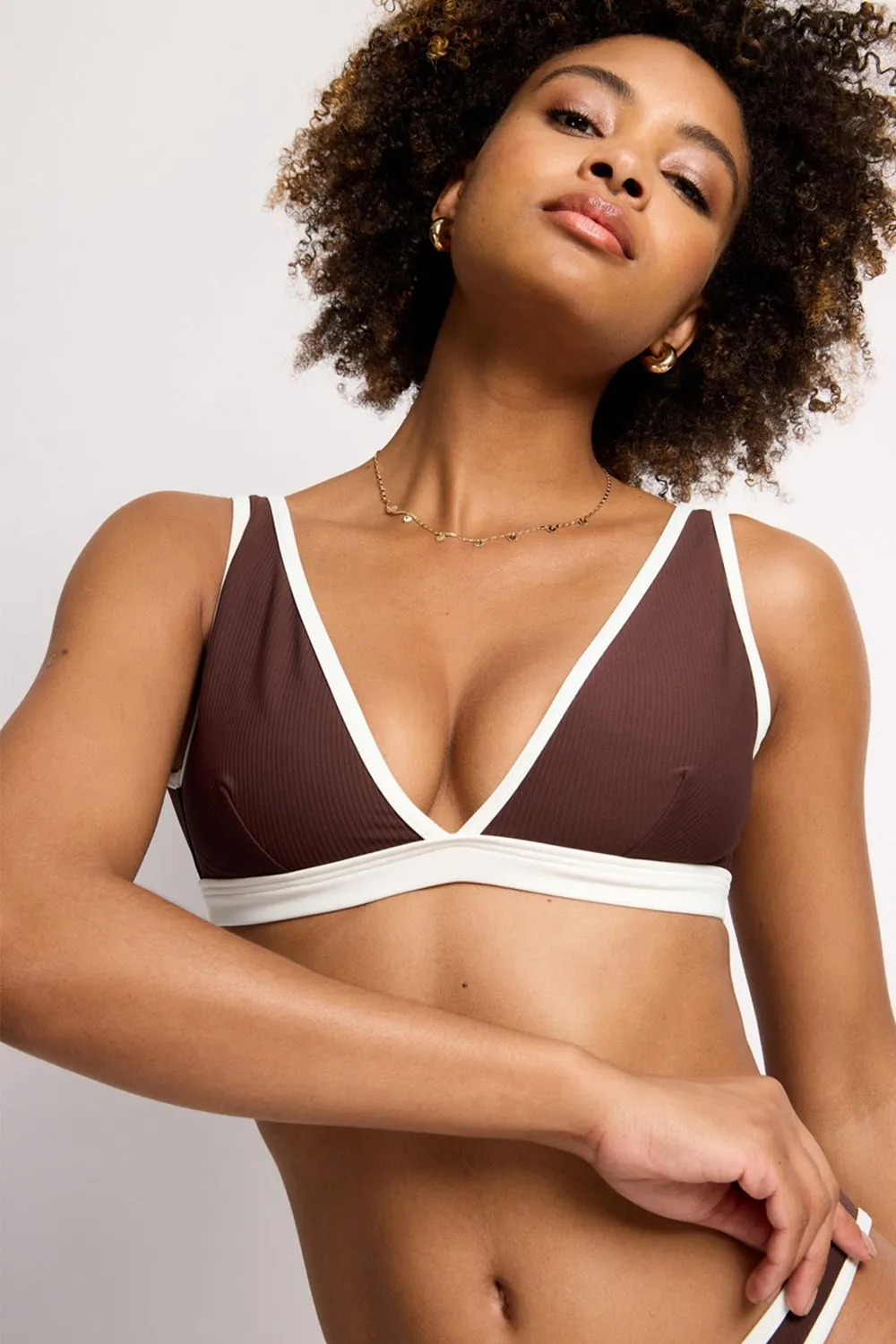 Rise Contrast Binding Rib Bikini Top Brown